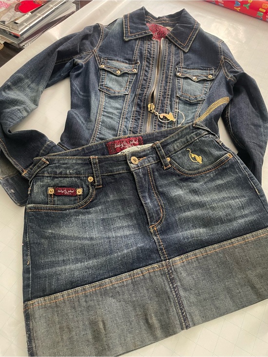 Baby Phat Jackets & Blazers - Baby Phat Dark Blue Denim Jacket and Skirt Set with Yellow Flamingo Detail